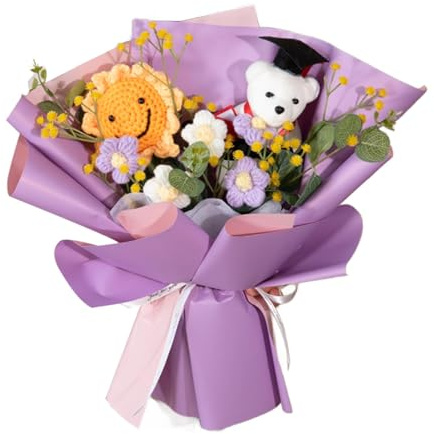 F Fityle Bouquet di fiori all'uncinetto Bouquet di girasoli all'uncinetto Bouquet lavorato a maglia di girasoli finti lavorati a maglia per la decorazione, viola