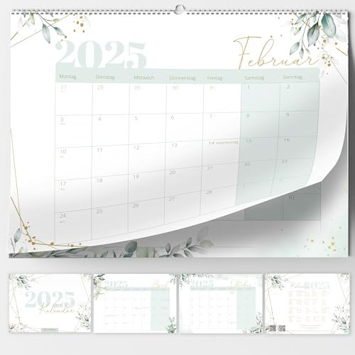 Kalender Wandkalender Monatskalender 2025 in A4 Grün Eukalyptus mit KW ´s Feiertagen und Ferienplan/Ferienübersicht viel Platz zum beschreiben Monate Familien Planer 30x21 cm Hochwertig Business
