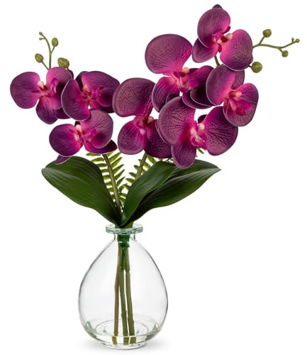Hollyone - Orchidea artificiale viola da 38 cm in vaso, pianta di orchidea finta con vaso di vetro, decorazione con orchidea Phalaenopsis artificiale per matrimonio, centrotavola, bagno, soggiorno
