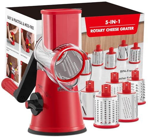 GDL Grattugia Formaggio, Grattugia Verdure con 5 Lame di Tamburo, Affetta Verdure Manuale Taglio Facile e Veloce, Grattuggia Tritaghiaccio per Formaggio Ghiaccio Dado Cetriolo Carota Cavolo, Rosso