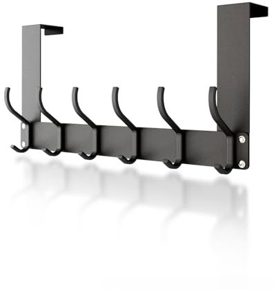 Lorrtta Over Door Hook, Stainless Steel Door Hanger with 12 Hooks - No Drilling, Assembly-Free for Coats, Clothes, Hat, Towel, Jacket - Bedroom Space Saving - Black