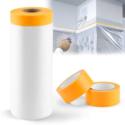 HONGTAISHENG Abdeckfolie mit Klebeband, 110cm x 25m Malerfolie Malerband, 2 Rollen 2.4cm x 10m Abklebeband Maler, Goldband Klebeband Zum Schutz von Autos Wänden Staub und Spritzschutz