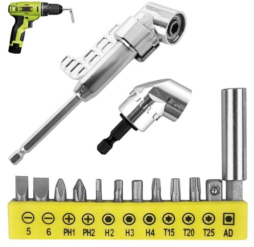 Right Angle Drill Attachment, 2Pcs Right Angle Drill Adapter with 12Pcs Multi-Function Bend Screwdriver Bit, 105 Degree Right Angle Drill Driver in Different Lengths for Power Drill Tool