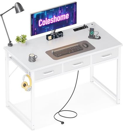 Coleshome Schreibtisch mit Schubladen, 100x48 cm Schreibtisch Weiß mit Kopfhörerhalter, Computertisch mit 2 Steckdosen und 2 USB-Ladeanschlüssen für das Heimbüro