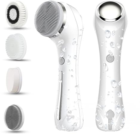 Facial Cleansing Brush, 2 in 1 Ｗaterproof IPx7 Facial Spin Scrubber Set with 4 Brush Heads, Rechargeable Exfoliating Face Brush Deep Cleansing, Gently Exfoliate and Remove Blackhead (White)
