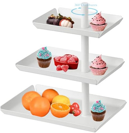 Kongming Alzatina per Dolci, 3 piani Porta Frutta Torta Caramelle da tavolo, 360°rotativo Alzata per dolci metallo Cupporto Cupcake (Bianco)