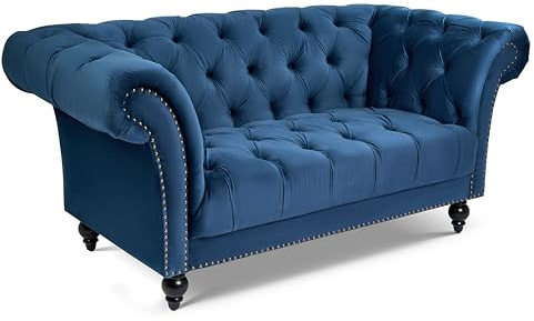 Bravich Chesterfield Velvet Sofa, Blue 2 Seater Sofa for Living Room Furniture, Classic Button Back Settee with Rolled Arms, Solid Wood Frame, 170cm x 58cm x 82cm