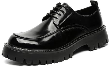 Mocasines De Hombre De Cuero PU con Plataforma Y Tacón Clásico Punta Redonda Suela De Tacos Zapatos De Trabajo Formales Casual De Negocios,Negro,44 EU