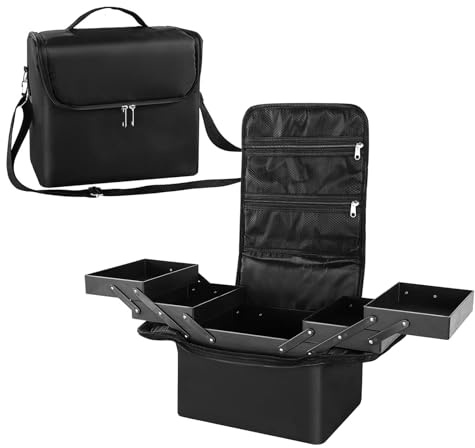 Makeup Box Large Beauty Manicure Storage Box Travel Vanity Case Train Cosmetic Box with Nylon Fabric Shoulder Strap Black 29x21x27cm