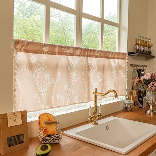 Sutuo Home Boho Floral Curtains Valance Short Curtains for Kitchen Restaurant Closet, Bohemian Linen Semi Sheer Strips Tassles Privacy Farmhouse Flower Decor 1 Panel Rod Pocket 52 W x 18 L Beige