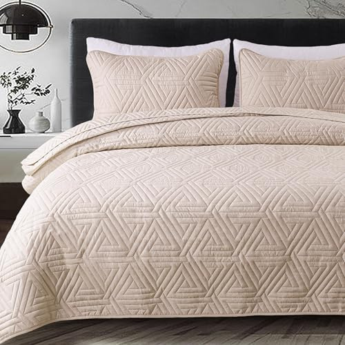Whale Flotilla Colcha para Cama de 240 x 260 cm, con 2 Fundas de Almohada, Microfibra, Suave y Ligera, con Estampado Geométrico, Ropa de Cama para Todo el Año, Beige