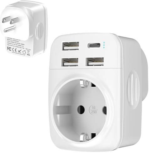 Hoppac 5 en 1 Adaptateur Prise USA, Adaptateur Type B avec 3 USB A et 1 USB C, Adaptateur Prise Canada, Mexico, Antigua and Barbuda, Aruba, Bahamas, Barbados, Belize, Bermuda, Colombia, Costa Rica
