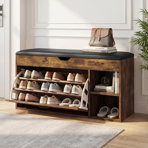 BonVache Banc à Chaussures avec Assise, Banc à Chaussures à 3 Compartiments avec Compartiment de Rangement, étagères réglables, étagère Salon ou l'entrée, Charge maximale de 150 kg, Marron Vintage