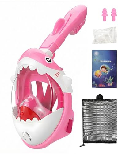 Zumhigh Kids Snorkeling Mask Full Face Design, 180° Panoramic View Children's Snorkel Mask with Dry Top System, Anti-Fog Anti-Leak Shark Theme Diving Mask for Swimming & Water Sports