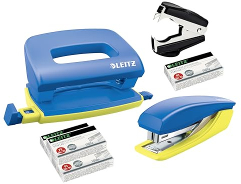 Leitz 5507 - Juego completo de perforadoras y perforadoras (incluye pinzas de almacenamiento y extractor de grapas), color azul y amarillo