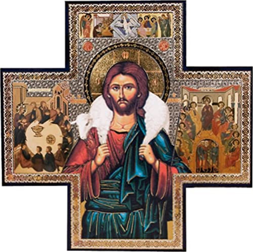 Jesus Good Shepherd Cross Shaped Gold/Silver Metallic Picture Hanging Icon Style 6 x 6 Religious Gift