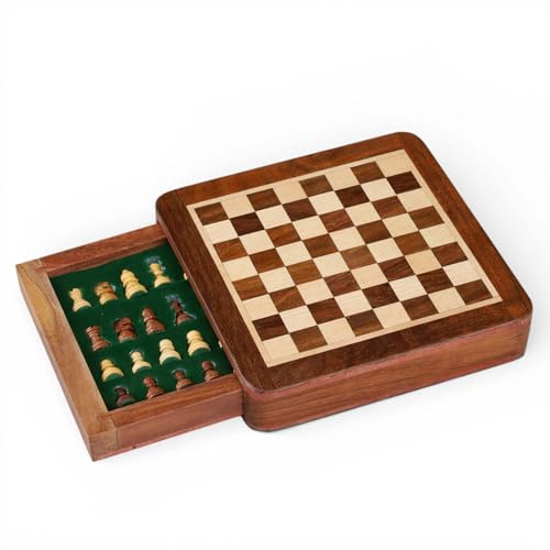 RoyalChessMall-Magnetic Travel Chess Set with Drawer 5 Golden Rosewood