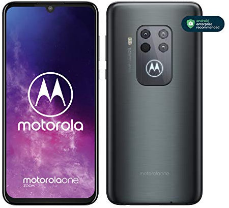 Motorola One Zoom con Alexa Hands-Free (Pantalla 6,4” FHD+, Sistema de 4 cámaras, 128 GB/4 GB, Android 9.0, Dual SIM) Color Gris Eléctrico + Auriculares + Funda