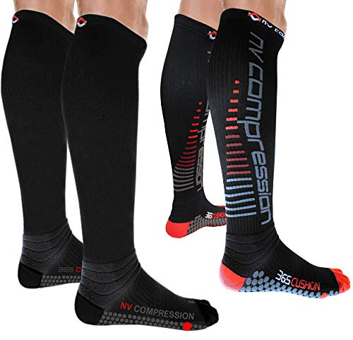 NV Compression 365 Cushion Socks – Black – Compression Sports Socks – for Running, Cycling, Triathlon, Crossfit, Gym (Solid Black, LG)