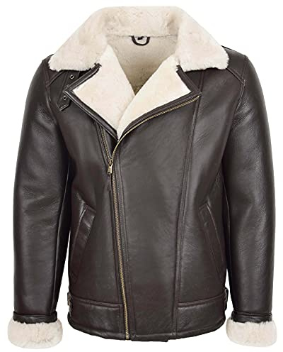 Chaqueta de piel de oveja real para hombre, estilo aviador, piloto, con cremallera cruzada, color blanco, Marrón blanco, Large