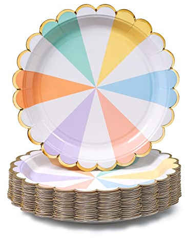 Confettiville Party Paper Plates, 50-Pack, Disposable Paper Plates, Gold Foil Scalloped Edge, Striped Pastel, 9-Inch