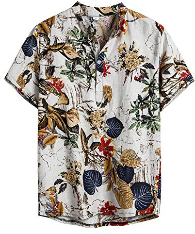 NEWISTAR Camicia in Lino Uomo Vintage Etnico Henley Shirt Maniche Corte Estate Casual Hawaiana Maglietta