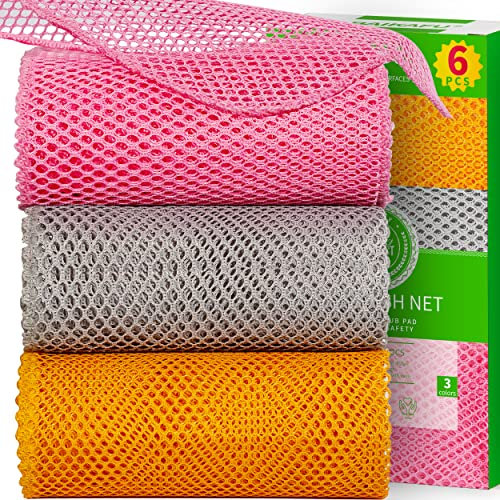 6Pcs Dish Wash Net,Innovative Mesh Cloth,Ultra Non-Scratch Dish Rags for Washing Dishes,100% No Odor/Quick Dry,Perfect Scrubber,Dish Sponges for Washing Dishes Yellow/Pink/Gray