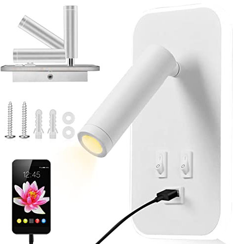 Weigudoc LED Leselampe Wandlampe, Leseleuchte am Bett, verstellbare Wandleuchte am Bett, mit USB-Ladeanschluss und Schalter, Wandleuchten für den Flur(Weiss)