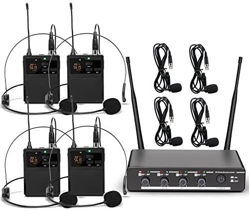 Depusheng R6 funkmikrofon 4 Kanal kabelloses Mikrofon Set mit schnurlosem Lavalier Headset Mikrofon Metallempfänger Ideal zum Singen Karaoke Partys Hochzeiten