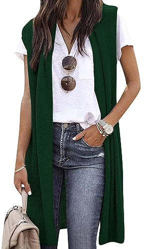 OMZIN Gilet Cardigan A Maglia Lunga Da Donna, Senza Maniche, Maglione Aperto Sul Davanti In Tinta Unita, Gilet Con Spolverino Verde Scuro S