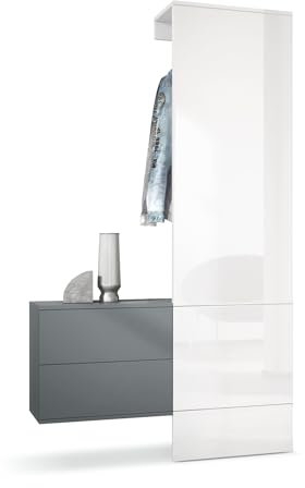 Vladon Garderobe Carlton Set 2, Made in Germany, Wandgarderobe aus Deko-Paneel & hängender Schubladen-Kommode, Anthrazit matt/Weiß Hochglanz (105 x 193 x 35 cm)