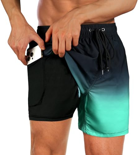 flintronic Men's Swim Trunks, Mens Swim Shorts with Compression Liner, 2-in-1 Board Shorts with Pockets, Quick Dry Surfing Boardshorts-Gradient/M