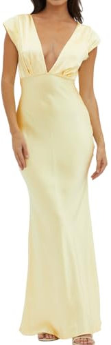 Halfisland Damen-Sommer-Maxikleid aus Satin, V-Ausschnitt, Flügelärmel, rückenfrei, elegant, gedrehter Ausschnitt, Midi-Kleid, Hochzeitsgäste, gelb, Klein