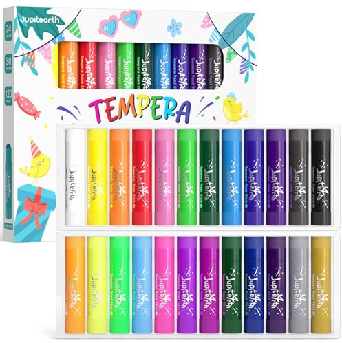 JUPITEARTH Bâtons de peinture à tempera de 24 couleurs avec 120 pages de coloriage PDF et 30 autocollants, peinture à séchage rapide, lisse, non toxique et lavable pour les enfants, fournitures