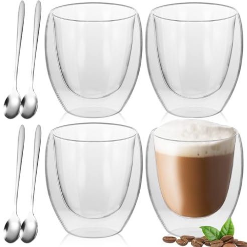 BYZESTY Tazas de Café de Doble Pared - Vasos Térmicos de Cristal Con 4 Cucharas - 350 ml