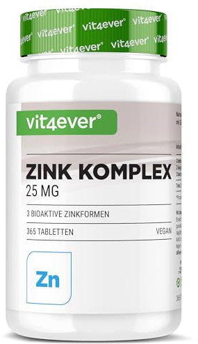 vit4ever Zink Komplex 25mg - 365 Tabletten - Mit 3 bioaktiven Zink-Formen (Zinkbisglycinat, Zinkgluconat, Zinkcitrat) - 1 Jahresvorrat - Hochdosiert - Vegan