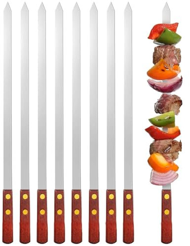 JTBDWOSK 8Pcs Flat Barbecue Skewers Stainless Steel, Adana Skewers, 60Cm Meat Fork Extra Long Shashlik Skewers, Meat Skewers Grill Accessories for Barbecue Cutlery,Brown