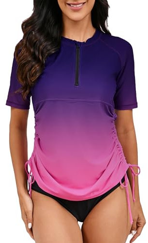 Halcurt UV Shirt Damen Kurzarm Rash Guard 1/4 Zip UPF 50+ Schwimmshirt Badeshirt Schnell Trocknender Swimsuit Tankini L