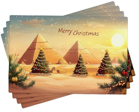 Set di 4 tovagliette con piramide natalizia, colore beige, per feste invernali, lavabili, per interni ed esterni, in tessuto, 45 x 30 cm