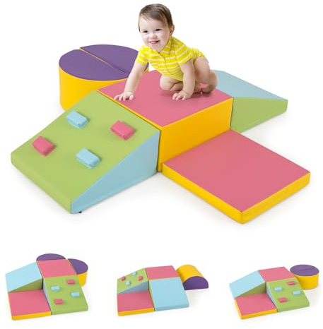 COSTWAY 6PCS Parcours Motricité Bébé en Mousse avec Housse en PU, Module Motricité Bébé avec Roches d’Escalade & Attaches à Crochets, Jouets Éducatifs pour Ramper Grimper, 12 Mois+ (Coloré)