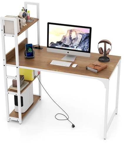 GYMAX Escritorio de Computadora con Estantería, Mesa de Trabajo con Estación de Carga, Estructura Metálica, Escritorio de Ordenador con Almacenamiento para Oficina, Sala, Dormitorio (Natural)