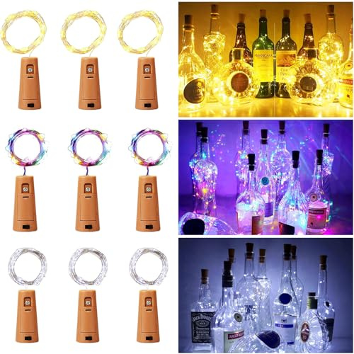 3 Colours Wine Bottle Lights with Cork Fairy Lights Battery Operated 9 Pcs | 2m 20 LED Flexible Copper Wire Lights for Bottles Perfect for Party, Wedding, Christmas DIY Indoor/Outdoor Table Decoration