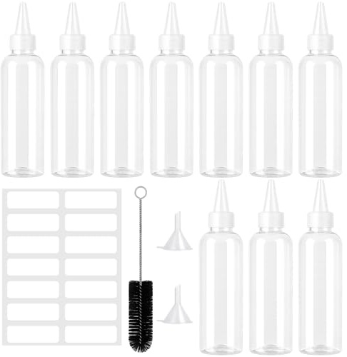 10 stycken 100 ml klämflaskor av plast, små klämflaskor, sprutflaskor med trattetiketter, rengöringsborste för vätskor, olja, sås, pigmentförvaringsflaskor, dressingshaker