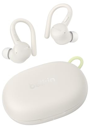 Belkin SoundForm ActiveFit Trådlösa Hörlurar med inbyggd mikrofon, snabb USB-C laddning, 36 t. batteritid, vattentåliga enl. IP54 - Bluetooth-hörlurar för iPhone, iPad, Galaxy, Pixel, m.fl. - Vita