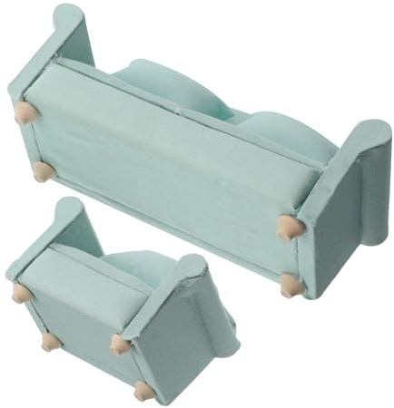WEKAMOS 2 Piezas Sofá de Tela para Casa de Muñecas Sillón Individual y Sofá Doble Verde Muebles Miniatura de Sala de Estar con Estructura de Madera para Decoración Realista