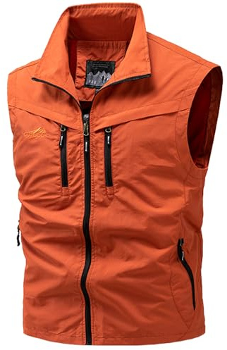 FEOYA Outdoor Weste Herren Anglerweste Leicht Schnelltrockenweste Ärmellos Weste mit Viele Taschen für Angeln Safari Jagd Fotografie Camping Multifunktionsweste Sommer Orange M