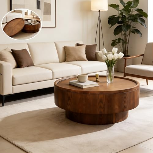 YAOBAO Round Coffee Table with Covert Storage,Round Coffee Table with Storage Circle Drum Design Wooden Center Table for Living Room, Bedroom,Apartment, Easy Assembly, Walnut