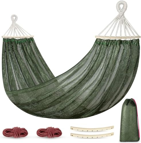 Hamac de Camping d'extérieur Respirant en Nylon en Filet avec Barres en Bois et Sac de Transport, 290 cm x 150 cm, Vert, pour Le Camping, la Plage et Le Jardin