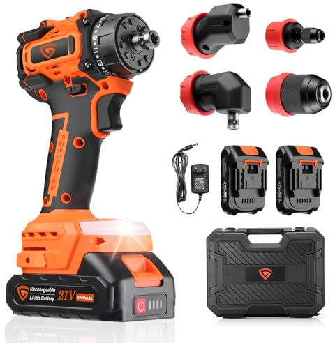 Akku Schlagschrauber 21V mit 2x 2.0Ah Akku, 5-in-1 Bohrschrauber Set, 45Nm 1500RPM, LED-Licht, Inkl. 4x Aufsätze: 1/4 Zoll Winkelaufsatz, Schnellspannfutter 10mm, Versatzadapter, Verlängerungskopf