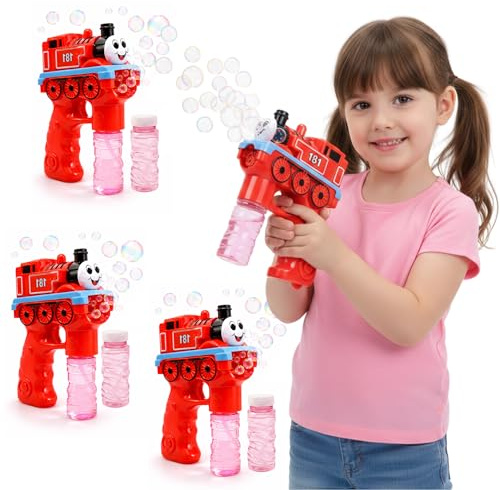 Pistola de Burbujas - Set de 3 - AMATOYS - Máquina de Pompas Automática con Luces - Forma de Animales - Pomperos para Niños y Niñas - Juguete para Piscina y Verano (Tren_Rojo)